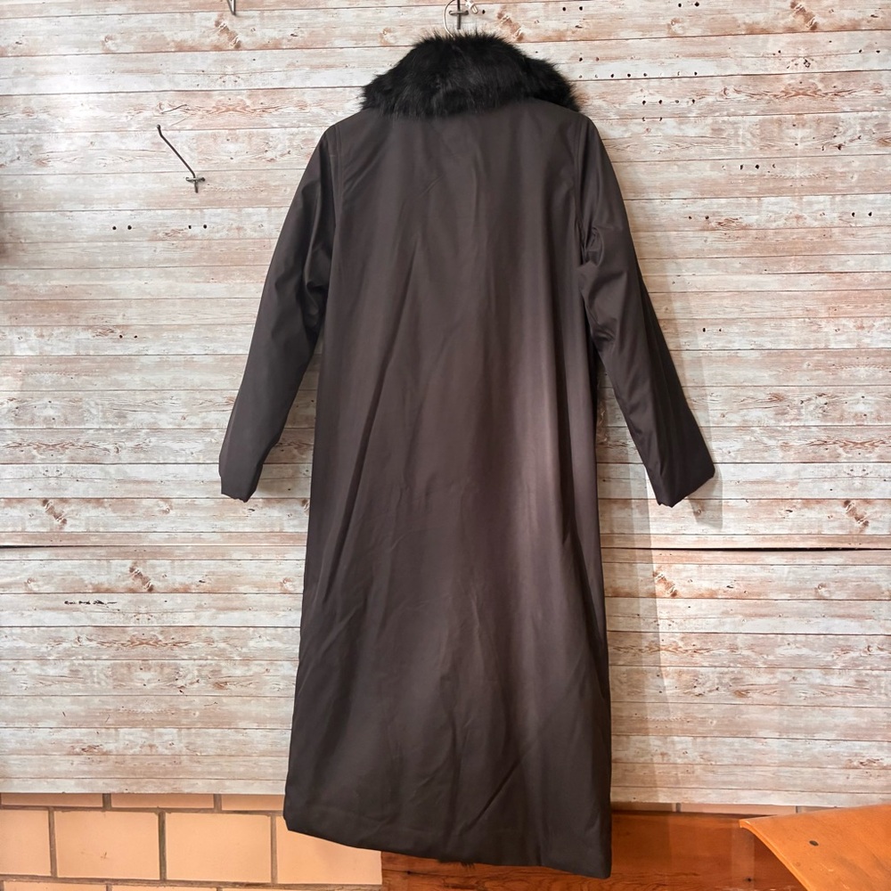 dennis basso Black Long Trench Coat with Faux Fur Trim - Picture 6 of 6
